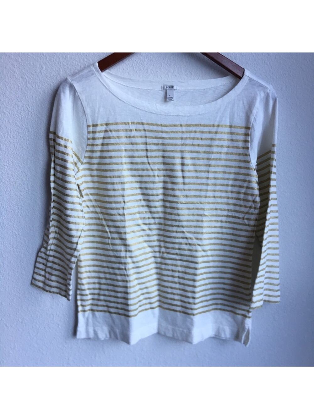 J. Crew Gold & Cream Three Quarter Boat Blouse Top Shirt Small